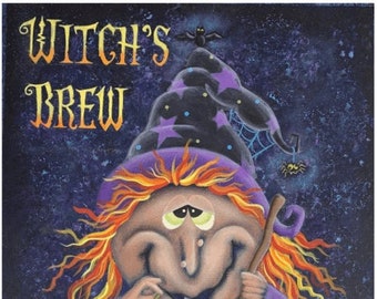 May include: A cartoon witch with orange hair and a purple hat stirs a cauldron with a wooden spoon. The cauldron is over a fire and has blue bubbles in it. The witch is holding a green frog in her hand. The text "WITCH'S BREW" is at the top of the image.