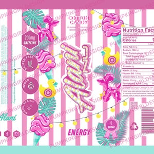 May include: A pink and white striped energy drink can with the text "Alani" and "Cotton Candy" flavor. The can features illustrations of a pink balloon dog, a yellow duck, and tropical leaves. It also includes nutritional information and states "0 Sugar".