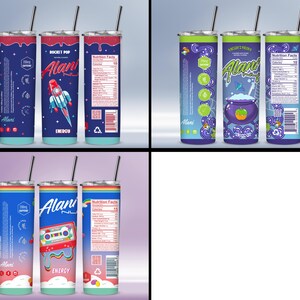 May include: Three Alani Energy drink tumblers with different designs. One features a rocket, another a cauldron, and the third a retro cassette tape. Each tumbler has a straw and a nutrition facts label.