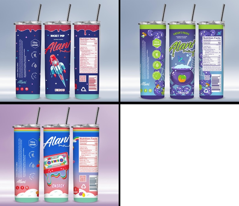 May include: Three Alani Energy drink tumblers with different designs. One features a rocket, another a cauldron, and the third a retro cassette tape. Each tumbler has a straw and a nutrition facts label.