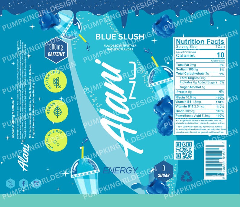 May include: A blue energy drink can with the text "Blue Slush" and "Alani Nu" in white. The can features nutrition facts, icons for gluten-free and vegan, and a graphic of a slushy drink. Contains 200mg of caffeine.