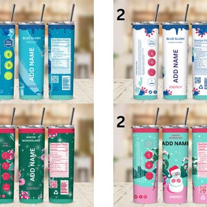 Pu&ograve; includere: Quattro bicchieri isolati in acciaio inossidabile con cannucce. Due presentano un design blu slush con testo "Blue Slush" e "Add Name". Gli altri due hanno un tema del paese delle meraviglie invernale con un pupazzo di neve.