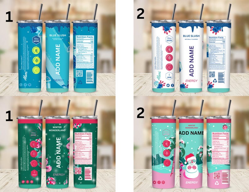 Pu&ograve; includere: Quattro bicchieri isolati in acciaio inossidabile con cannucce. Due presentano un design blu slush con testo "Blue Slush" e "Add Name". Gli altri due hanno un tema del paese delle meraviglie invernale con un pupazzo di neve.