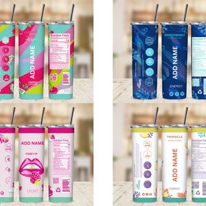 Pu&ograve; includere: Una collezione di quattro bicchieri isolati in acciaio inossidabile con cannucce. Ogni bicchiere presenta un design unico, tra cui "Cherry Twist", "Breezerberry", "Kisses Pop" e "Tropsicle". I disegni incorporano colori vivaci, testo e informazioni nutrizionali.