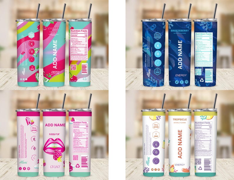 Pu&ograve; includere: Una collezione di quattro bicchieri isolati in acciaio inossidabile con cannucce. Ogni bicchiere presenta un design unico, tra cui "Cherry Twist", "Breezerberry", "Kisses Pop" e "Tropsicle". I disegni incorporano colori vivaci, testo e informazioni nutrizionali.