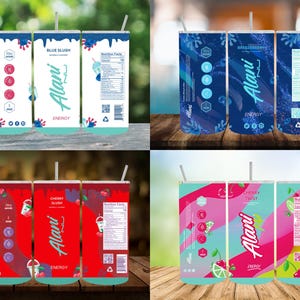 May include: Four different designs of Alani Nu energy drink cans. The cans are blue, red, and pink with a variety of designs. The cans are labeled with the flavors Blue Slush, Cherry Slush, Cherry Twist, and Breezeberry. The cans are all 16 oz and contain 200mg of caffeine.