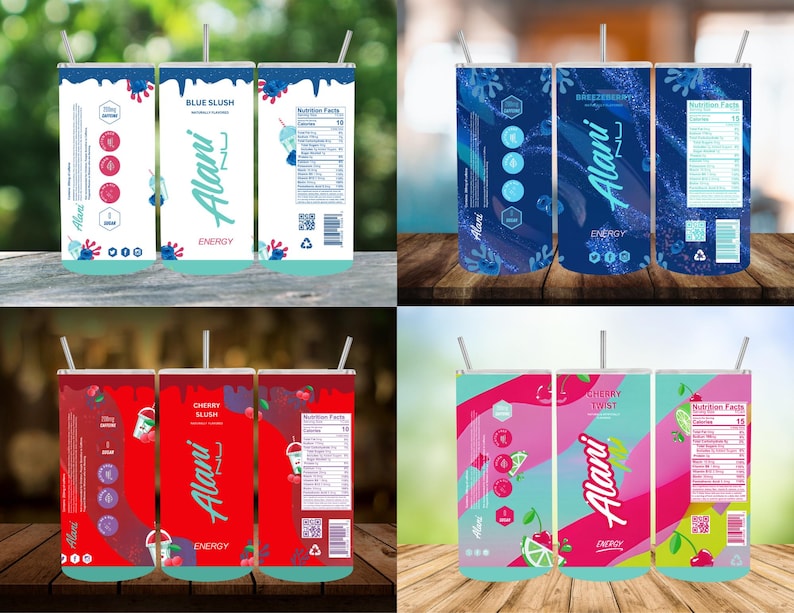 May include: Four different designs of Alani Nu energy drink cans. The cans are blue, red, and pink with a variety of designs. The cans are labeled with the flavors Blue Slush, Cherry Slush, Cherry Twist, and Breezeberry. The cans are all 16 oz and contain 200mg of caffeine.