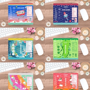 May include: A collection of colorful product packaging designs with the text "ADD NAME" and "ENERGY". The designs feature various themes, including a retro cassette tape, a rocket ship, and a pineapple. Each package includes a nutrition facts label.