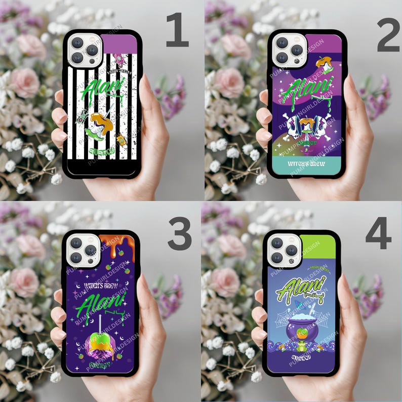 May include: Four phone cases with Halloween-themed designs. Case 1 has black and white stripes with the text "Alan" and a cartoon character. Case 2 features a witch and the words "Witch's Brew". Case 3 has a lollipop graphic. Case 4 shows a cauldron.