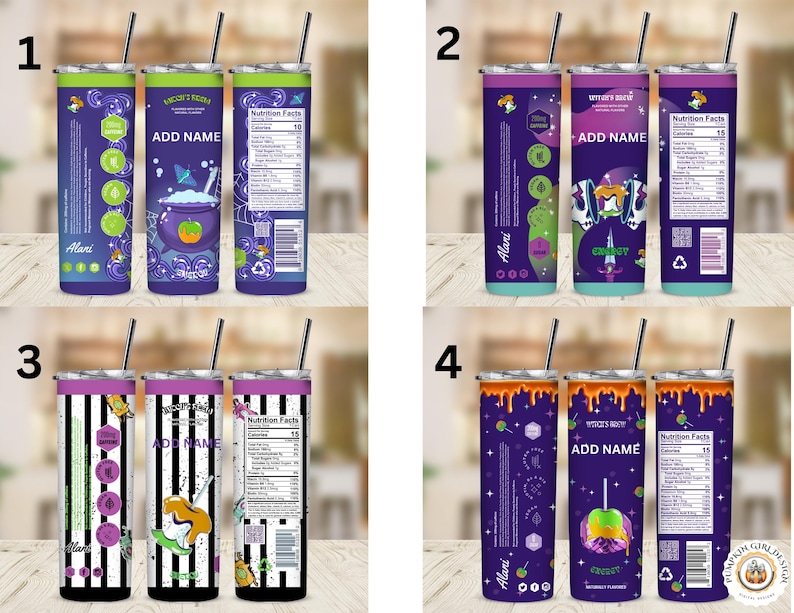 Pu&ograve; includere: Un set di quattro bicchieri sottili a tema Halloween con coperchi e cannucce. Ogni bicchiere presenta un design unico, tra cui un calderone di strega, un teschio e una mela caramellata, con la possibilit&agrave; di aggiungere un nome. I bicchieri sono principalmente viola, con accenti verdi, arancioni e neri.