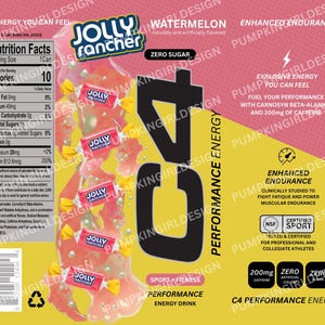 May include: A C4 Performance Energy drink can featuring a watermelon flavor, with the Jolly Rancher logo. The can has a pink and yellow color scheme, with text indicating zero sugar and enhanced endurance. The can also has the NSF Certified Sport logo.