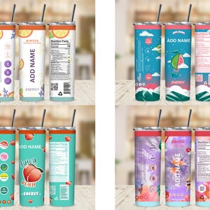Pu&ograve; includere: Una collezione di quattro bicchieri isolati in acciaio inossidabile con cannucce. I bicchieri presentano disegni colorati, tra cui fette di agrumi, una guava, una pesca e un motivo tie-dye. Ogni bicchiere ha il testo "Alani" e "Energy".