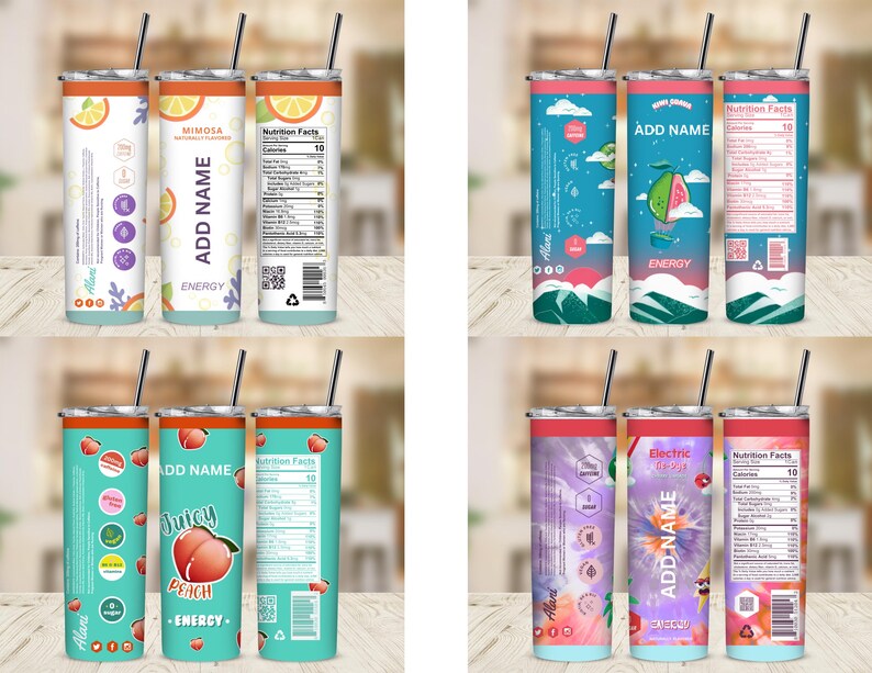 Pu&ograve; includere: Una collezione di quattro bicchieri isolati in acciaio inossidabile con cannucce. I bicchieri presentano disegni colorati, tra cui fette di agrumi, una guava, una pesca e un motivo tie-dye. Ogni bicchiere ha il testo "Alani" e "Energy".