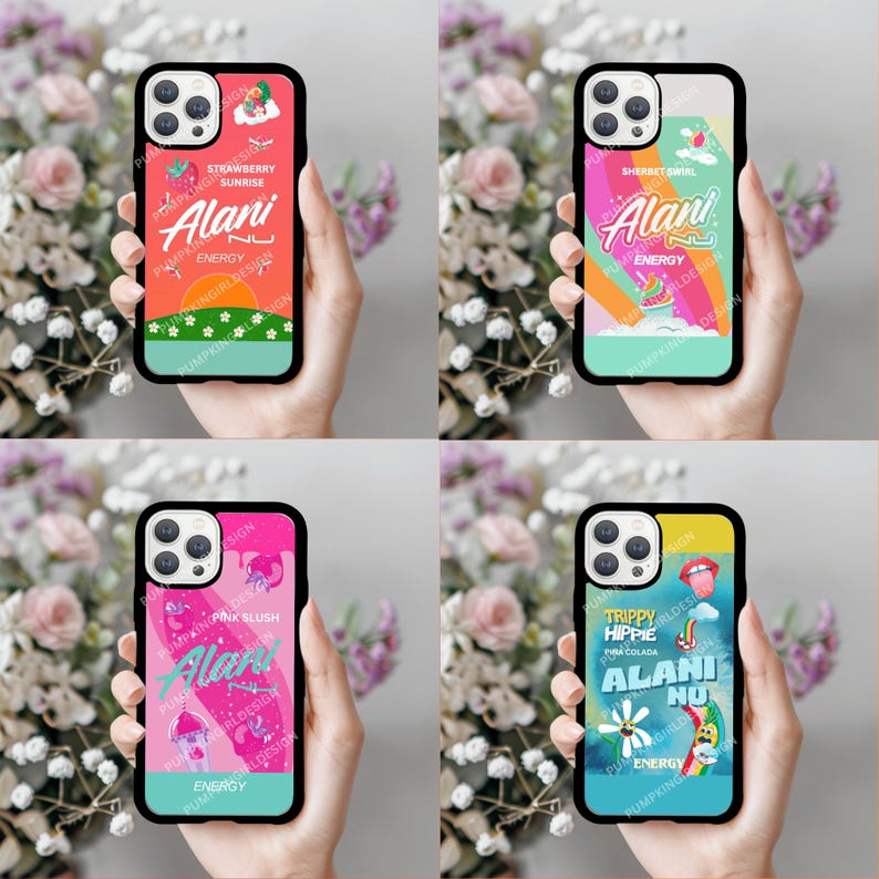 May include: Four phone cases with black borders, each featuring a unique design. The first case has a strawberry theme, the second a sherbet design, the third a pink slush theme, and the fourth a trippy hippie design. Each case has the text "Alani Nu" and "Energy".