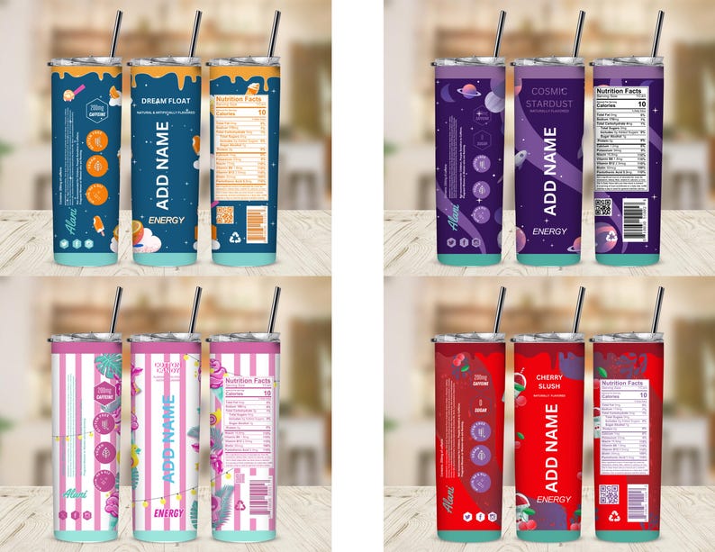 Pu&ograve; includere: Quattro bicchieri in acciaio inossidabile con cannucce. I disegni includono "Dream Float" con accenti arancioni, "Cosmic Stardust" con tonalit&agrave; viola, "Candy Crush" con strisce rosa e "Cherry Slush" in rosso. Ognuno ha il testo "Add Name".