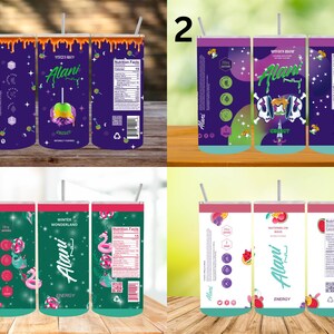 May include: Three different designs for a 20 oz Alani Nu energy drink tumbler. The first design features a purple background with a candy apple graphic and the text "Alani Nu" in white. The second design features a green and purple background with a skull and crossbones graphic and the text "Alani Nu" in white. The third design features a green background with a flamingo graphic and the text "Alani Nu" in white.