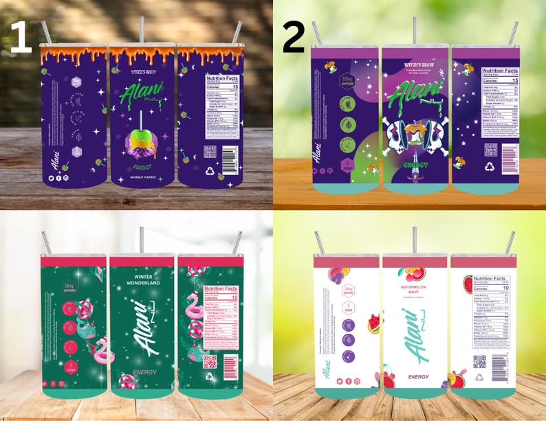 May include: Three different designs for a 20 oz Alani Nu energy drink tumbler. The first design features a purple background with a candy apple graphic and the text "Alani Nu" in white. The second design features a green and purple background with a skull and crossbones graphic and the text "Alani Nu" in white. The third design features a green background with a flamingo graphic and the text "Alani Nu" in white.