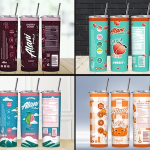 May include: Four stainless steel tumblers with black straws. The tumblers feature colorful designs and text, including "Cherry Bomb," "Juicy Peach," and "Energy." Each tumbler has a different design, with nutrition facts on the side.
