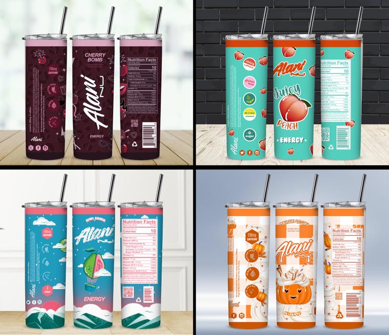 May include: Four stainless steel tumblers with black straws. The tumblers feature colorful designs and text, including "Cherry Bomb," "Juicy Peach," and "Energy." Each tumbler has a different design, with nutrition facts on the side.