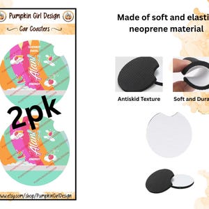 May include: Two car coasters with a colorful design featuring the text "Alani Energy". The coasters are round with a small notch and are made of soft, elastic neoprene material. The image also shows the "Antiskid Texture" and "Soft and Durable" features.