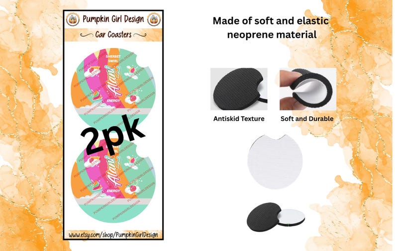 May include: Two car coasters with a colorful design featuring the text "Alani Energy". The coasters are round with a small notch and are made of soft, elastic neoprene material. The image also shows the "Antiskid Texture" and "Soft and Durable" features.
