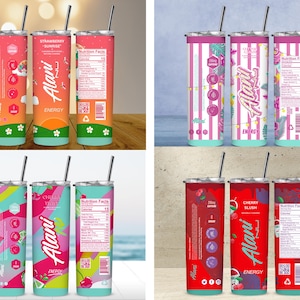 Puede incluir: Una colección de vasos de bebida Alani Energy con pajitas. Los vasos presentan diseños coloridos, incluyendo rosa, turquesa y rojo, con el logotipo de Alani Energy y sabores como "Strawberry Sunrise" y "Cherry Twist."