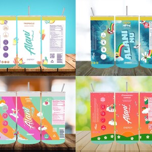 May include: Three 20-ounce reusable tumblers with colorful designs and straws. The tumblers feature a rainbow, clouds, and the text "Alani Nu" with different flavor names: "Strawberry Sunrise", "Tropicicle", and "Tropy Hippie".