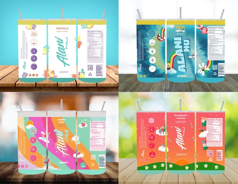 May include: Three 20-ounce reusable tumblers with colorful designs and straws. The tumblers feature a rainbow, clouds, and the text "Alani Nu" with different flavor names: "Strawberry Sunrise", "Tropicicle", and "Tropy Hippie".