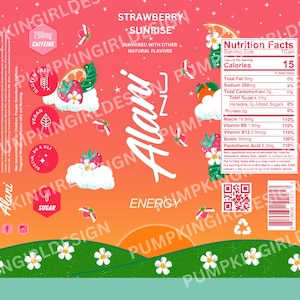 May include: A pink and orange can of Alani Nu energy drink with a strawberry sunrise flavor. The can features a cartoon illustration of strawberries, clouds, and flowers. The can also includes the text "Strawberry Sunrise", "Alani Nu", "200mg Caffeine", and "Sugar Free".