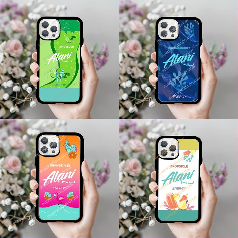 May include: Four phone cases with black borders, each featuring a different design. The cases display the "Alani" logo with flavor names like "Lime Slush," "Blueberry," "Orange Kiss," and "Tropsicle." The cases are held in front of a floral background.
