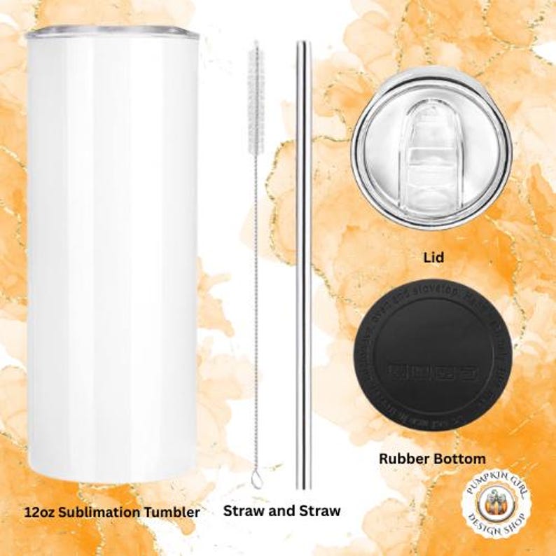 May include: A white 12oz sublimation tumbler with a lid and a straw. The tumbler is blank and ready to be customized.