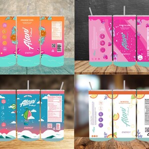 May include: Three colorful aluminum cans with a blue, pink, and white background. Each can has a different flavor: Orange Kiss, Pink Slush, and Mimosa. The cans feature a tropical design with fruit and flowers. The text "Alani Nu" is printed on each can.