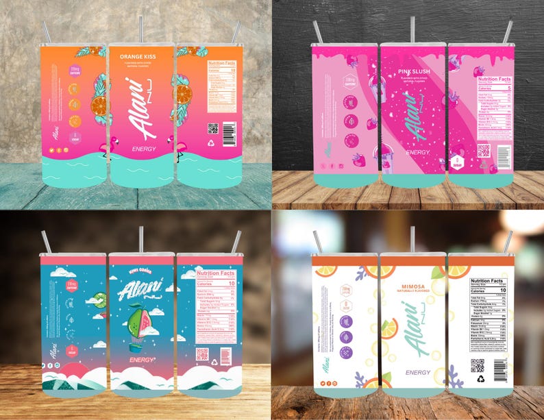 May include: Three colorful aluminum cans with a blue, pink, and white background. Each can has a different flavor: Orange Kiss, Pink Slush, and Mimosa. The cans feature a tropical design with fruit and flowers. The text "Alani Nu" is printed on each can.