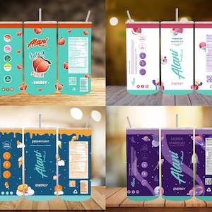 May include: Three different designs for Alani Nu energy drink cans. The first can is blue with a peach design and the text "Juicy Peach - ENERGY -." The second can is purple with a space design and the text "COSMIC STARDUST - ENERGY -." The third can is blue with a ice cream design and the text "DREAM FLOAT - ENERGY -."