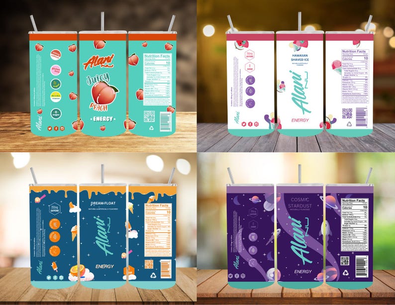 May include: Three different designs for Alani Nu energy drink cans. The first can is blue with a peach design and the text "Juicy Peach - ENERGY -." The second can is purple with a space design and the text "COSMIC STARDUST - ENERGY -." The third can is blue with a ice cream design and the text "DREAM FLOAT - ENERGY -."