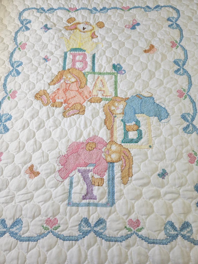 Cross Stitch Baby Blanket Crib Cover Sleepy Baby Bunnies Etsy UK