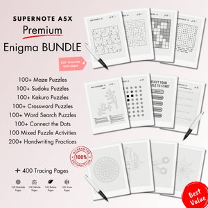 Supernote Puzzle Bundle, Elevate Your Mind With Our PREMIUM Pack of 9+1 Ultimate Brain Teasers Featuring Sudoku, Mazes, Kakuro and more