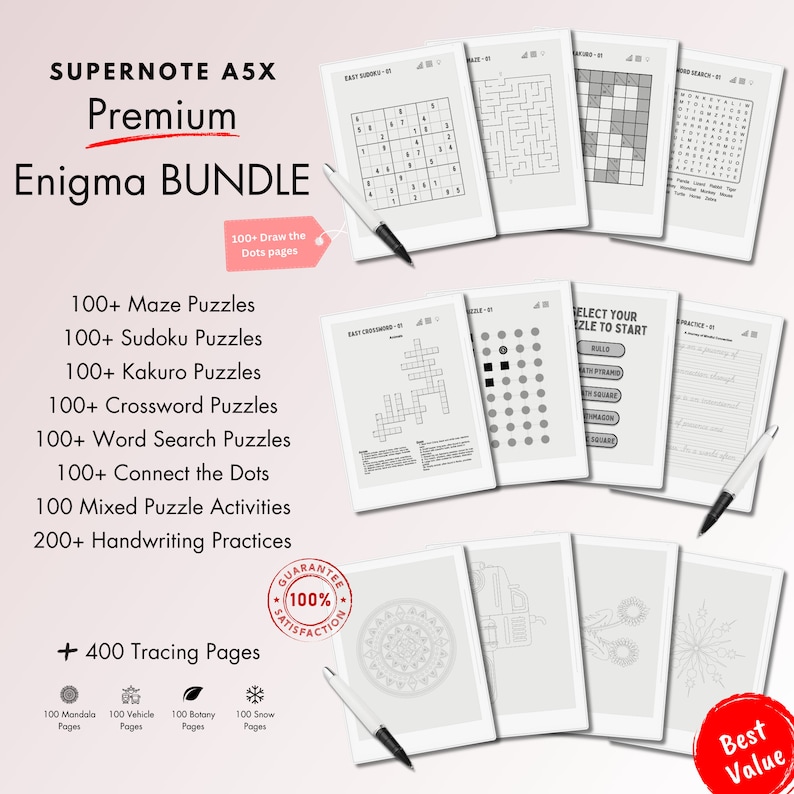 This is a Digital Bundle which includes the puzzles of 100+ Sudoku, 100+ Mazes, 100+ Kakuro, 100+ Word Search, 100+ Crossword, 100+ Connect the Dots, 100 Mixed Puzzles of various activities and 200+ Handwriting Practices tailored for Supernote A5X.