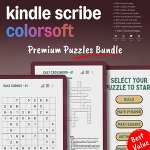 May include: A digital tablet displays a "Premium Puzzles Bundle" with "Kindle Scribe Colorsoft" branding. The image showcases Sudoku, crossword, and other puzzle types. Text highlights features like maze puzzles, word searches, and handwriting practices.