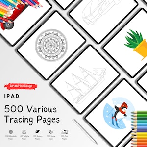 May include: An iPad screen displays various tracing pages, including a mandala, vehicle, botany, snow, and car designs. The text reads "500 Various Tracing Pages" with a "Dotted-line Design" label. Colored pencils are visible.
