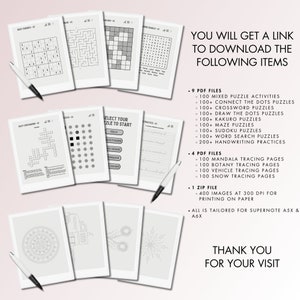 May include: Digital puzzle and tracing pages displayed on e-readers with styluses. The image shows various puzzle types, including Sudoku, crosswords, and mazes, along with handwriting practice sheets. Text on the image says "YOU WILL GET A LINK TO DOWNLOAD THE FOLLOWING ITEMS".
