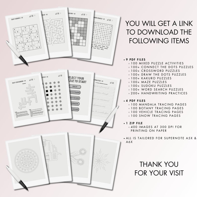 May include: Digital puzzle and tracing pages displayed on e-readers with styluses. The image shows various puzzle types, including Sudoku, crosswords, and mazes, along with handwriting practice sheets. Text on the image says "YOU WILL GET A LINK TO DOWNLOAD THE FOLLOWING ITEMS".