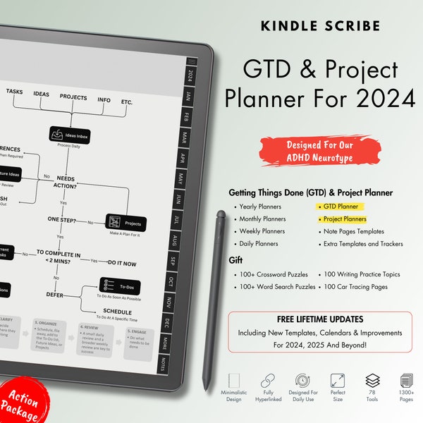 GTD and Project Planner for Kindle Scribe, Seamlessly Integrated for Getting Things Done Efficiently and Executing Projects with Precision