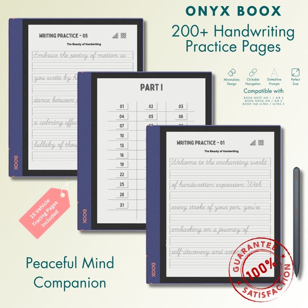 Onyx Boox Handwriting Practice Pages, 100+ Writing Topics Featuring Almost 300 Dotted Line Exercise Pages With Cursive Writing Prompts