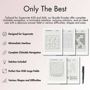 Tailored for Supernote A5X and A6X, our bundle offers complete clickable navigation, a minimalist interface, inclusive solutions, and an ideal size with a spacious answer field in various difficulties, shapes and sizes for Supernote e-ink screen.