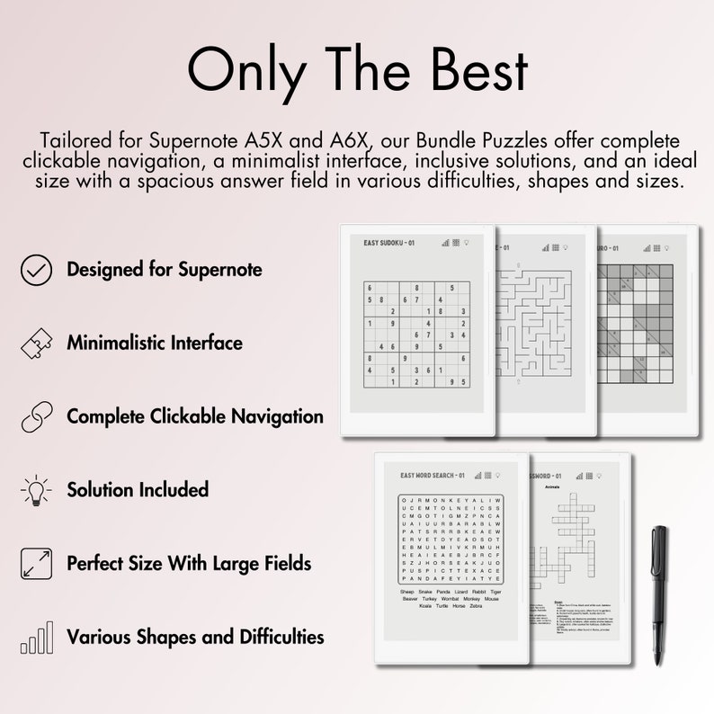 Tailored for Supernote A5X and A6X, our bundle offers complete clickable navigation, a minimalist interface, inclusive solutions, and an ideal size with a spacious answer field in various difficulties, shapes and sizes for Supernote e-ink screen.