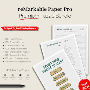 Remarkable Paper Pro パズルバンドル - 数独、クロスワード、ワードサーチ - ハイパーリンク付き PDF ゲーム - デジタルアクティビティブック
