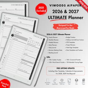 Op de afbeelding: Een witte digitale planner met de tekst "2026 & 2027 ULTIMATE Planner" en "Designed For Our Neurocognitive Needs." Bevat jaar-, maand- en dagplanners, plus sjablonen en trackers. Inclusief 100+ Sudoku-puzzels.