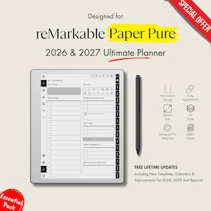 May include: A digital planner with the text "reMarkable Paper Pure 2026 & 2027 Ultimate Planner." The image shows a tablet with a stylus, and icons indicating features like minimalistic design, perfect size, and daily use.