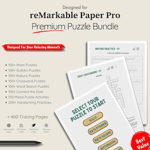 Dla Remarkable Paper Pro – Pakiet łamigłówek – Sudoku, krzyżówki, wyszukiwanie słów – Gry PDF z hiperłączami – Cyfrowy zeszyt ćwiczeń – Pobieranie cyfrowe